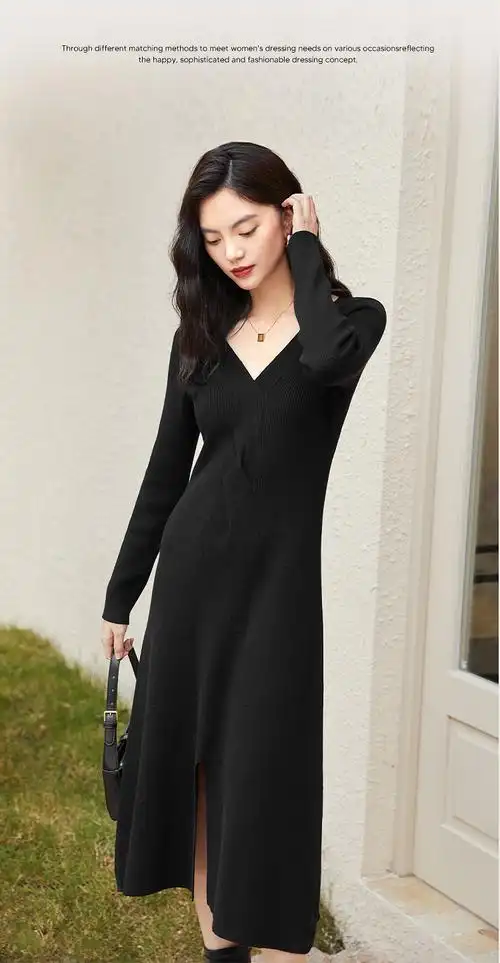 伊芙丽针织连衣裙女2021年冬新款v领气质内搭黑色高级感裙子黑色15580