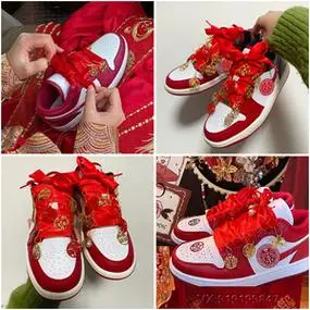 aj婚鞋红色新娘鞋2023新款秀禾婚纱两用女鞋平时可穿结婚平底板鞋