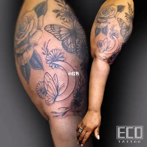 女生花臂大臂纹身单线纹身伦敦纹身