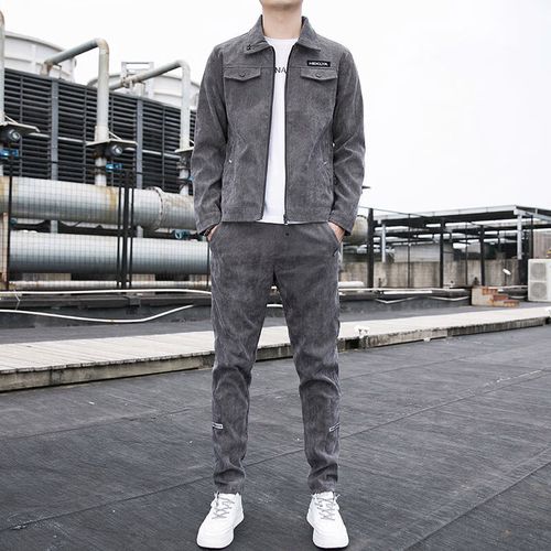 外套男牛仔夹克灯芯绒春秋季套装男韩版夹克 常规款灰色套装两件套 m