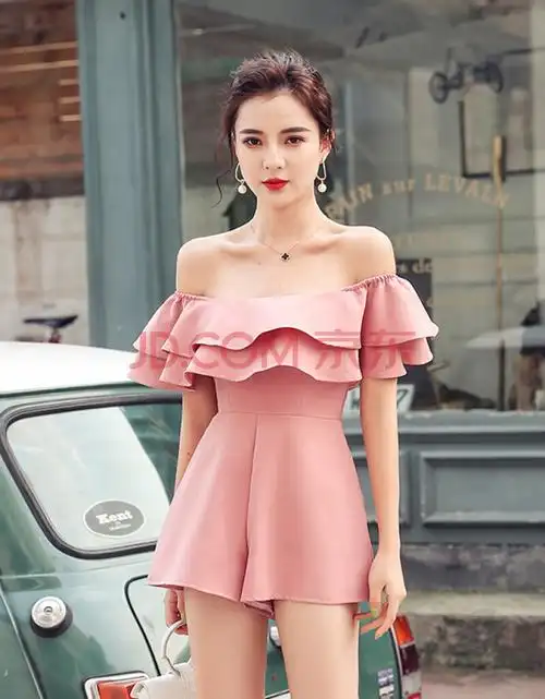 连体裤女学生夏季小个子气质高腰阔腿裤一字领抹胸短裤 粉色 xl