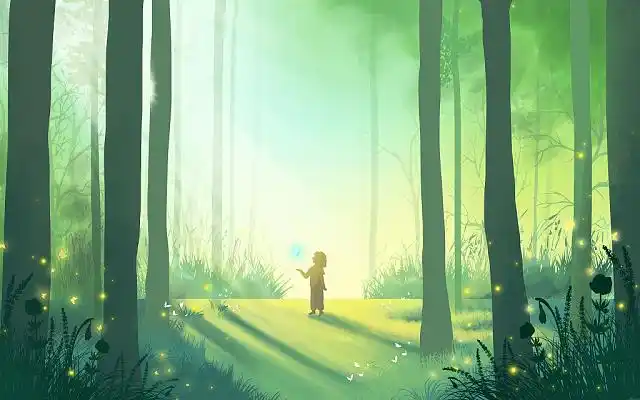 森林插画手绘树林背景绿色树木唯美森林夏天大树生机勃勃唯美唯美夏天