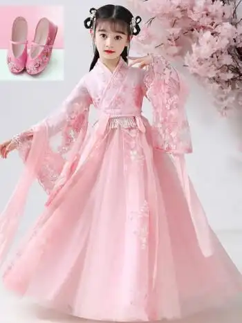 古装连衣裙中国风小学生超仙气齐胸襦裙古 粉色裙子 鞋子>萌飘逸仙服