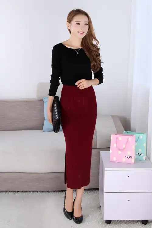专柜定制新款针织包臀长裙弹力开叉半身裙女中长款一步裙冬裙5573