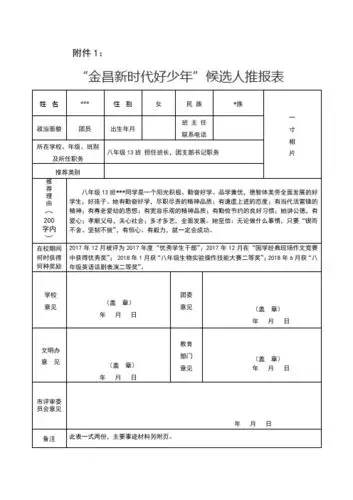 姓名|***|性别|女|民族|*族|一|寸|相|片| 政治面貌|团员|出生年月