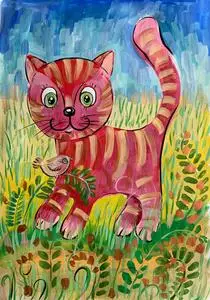 用颜料画的儿童画.卡通滑稽猫.照片