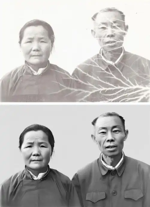 老人合影模糊老照片修复,高精度修复翻新