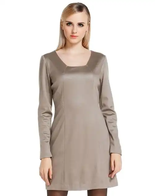 灰咖啡色典雅修身长袖连衣裙