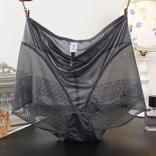 高腰蕾丝内裤女冰丝全透明性感火辣超薄透视网纱收腹提臀大码包臀