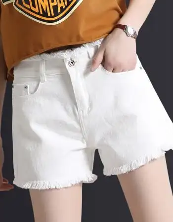 白色牛仔短裤女夏季高腰a字毛边大码显瘦宽松阔腿学生休闲热裤潮 白色