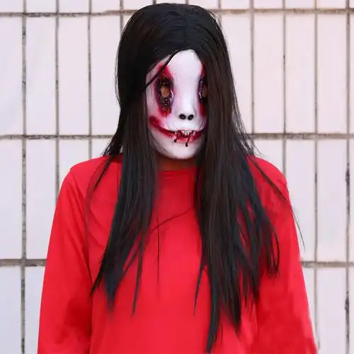 红衣女鬼面具鬼屋道具万圣节气氛道具节日整蛊吓人乳胶面具工厂