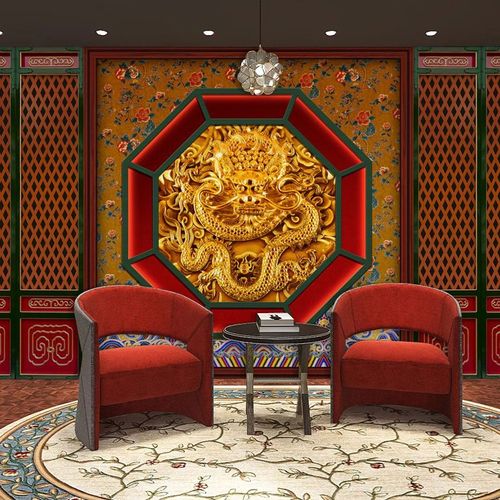 中式故宫红墙纸皇宫古风红色浮雕仿古龙纹壁画宫廷风清宫佛堂壁纸