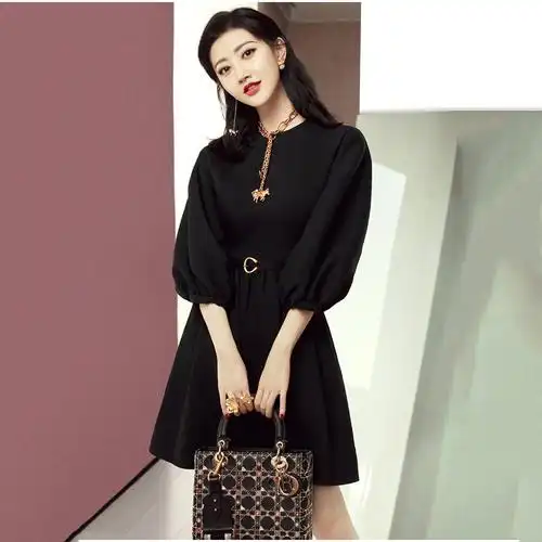 景甜明星同款礼服气质法式2021新款秋冬季修身显瘦黑色连衣裙