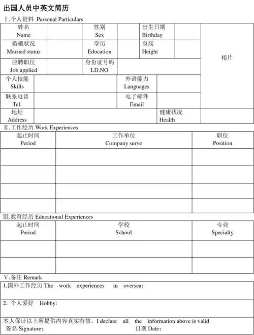 出国人员中英文简历 精品