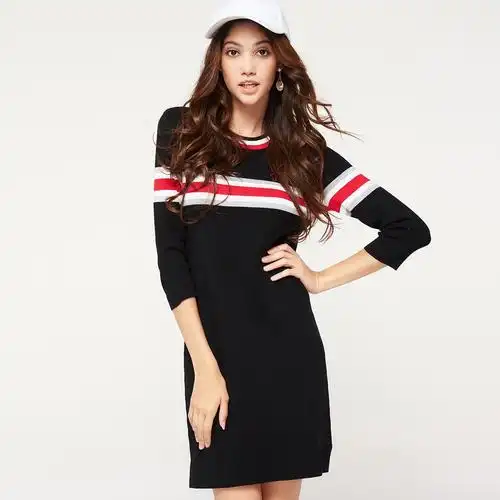 cachecache 复古风圆领长袖包臀兔斯基连衣裙