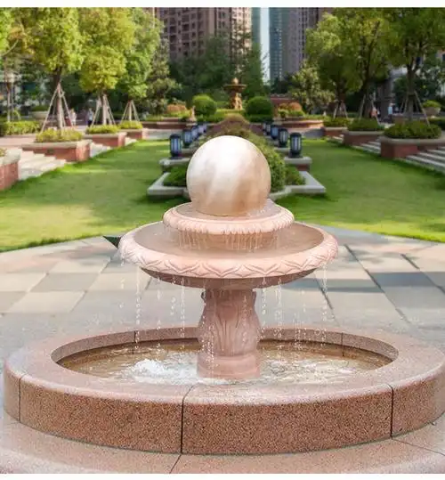 大理石雕球晚霞红喷泉流水装饰摆件户外景观欧式庭院石材水景设计背景