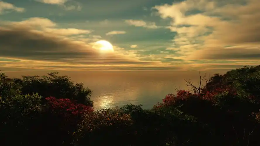 海面日出大山图片