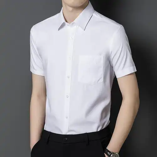 品牌纯色短袖衬衫男夏季商务休闲中年爸爸装免烫有口袋正装白衬衣