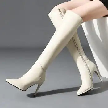 高跟细跟尖头侧拉链高筒靴子女时尚气质细跟欧美潮职业ol工作鞋女秋冬