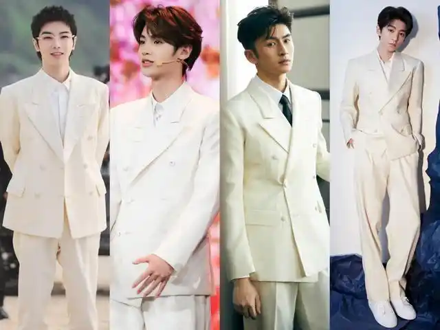 下面这款白色双排扣西装算是大撞衫了,华晨宇,黄明昊,张云龙,王俊凯都