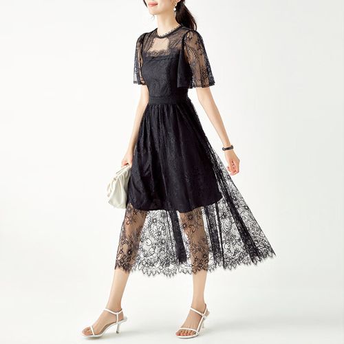 百丽驼美士轻奢-气质温柔淑女净色重工蕾丝刺绣网纱高腰修身连衣裙女