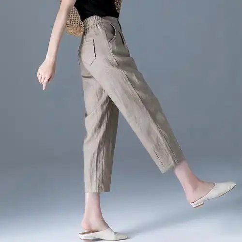 八分棉麻裤子女夏季薄款亚麻女裤夏休闲裤九分裤宽松萝卜裤哈伦裤