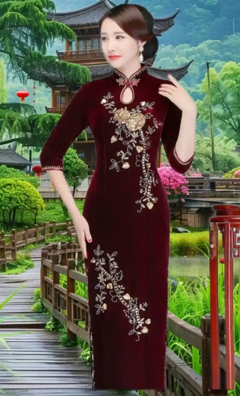 桑蚕丝高级大走秀,大码长款修身旗袍78