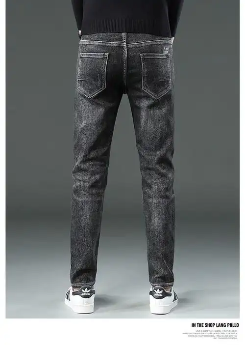 pratolee男士烟灰色牛仔裤男修身刺绣潮流春季小直筒裤男弹力商务裤