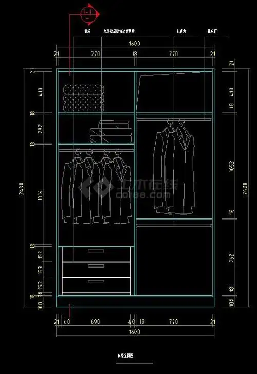 室内装修双开衣柜cad设计节点详图,内容:包括衣柜立面图,剖面图等