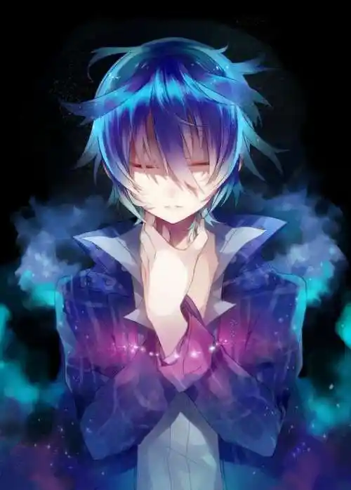 找一张蓝色头发黑色背景的动漫男生闭着眼睛掐着脖子的图片有谁有吗