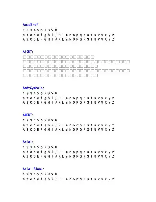 word中地各种英文字体及数字字体对照表az
