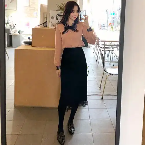 黑色蕾丝针织半身裙秋冬女中长款开叉一步裙显瘦包臀直筒毛线裙子