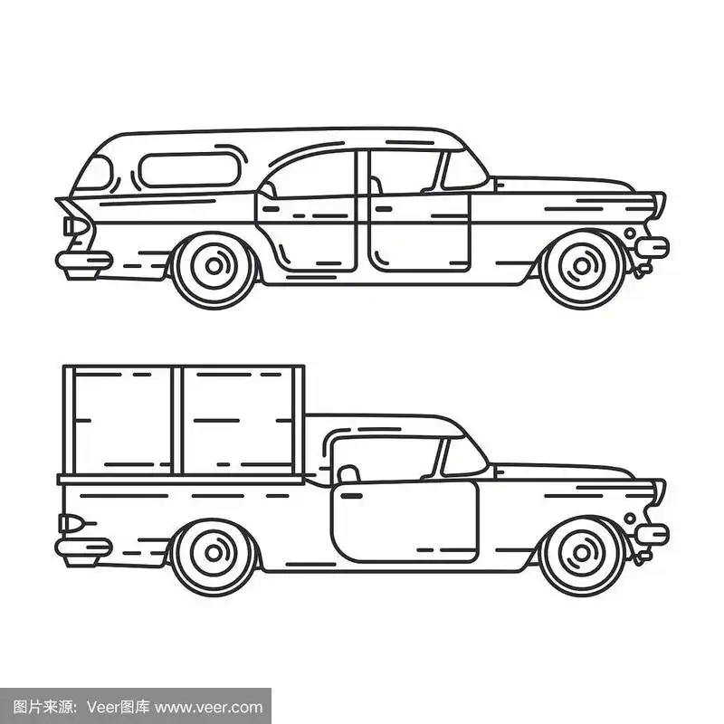 line vector icon set american family van, pickup auto oldtimer.