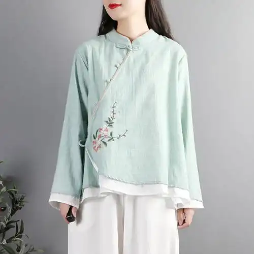 刺绣斜襟太极服女棉麻上衣中国国风复古太极拳太极服