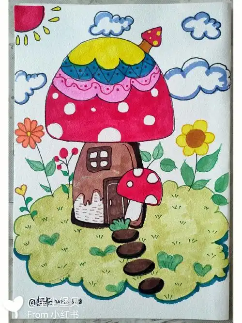绘画 #儿童画  #创意美术  #蘑菇屋材料:素描纸,铅笔,马克笔/彩笔