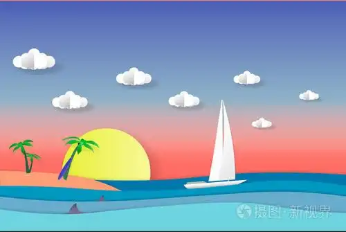 白色游艇航行. 夏日时光. 大海和海滩. 剪纸和工艺风格. 插图