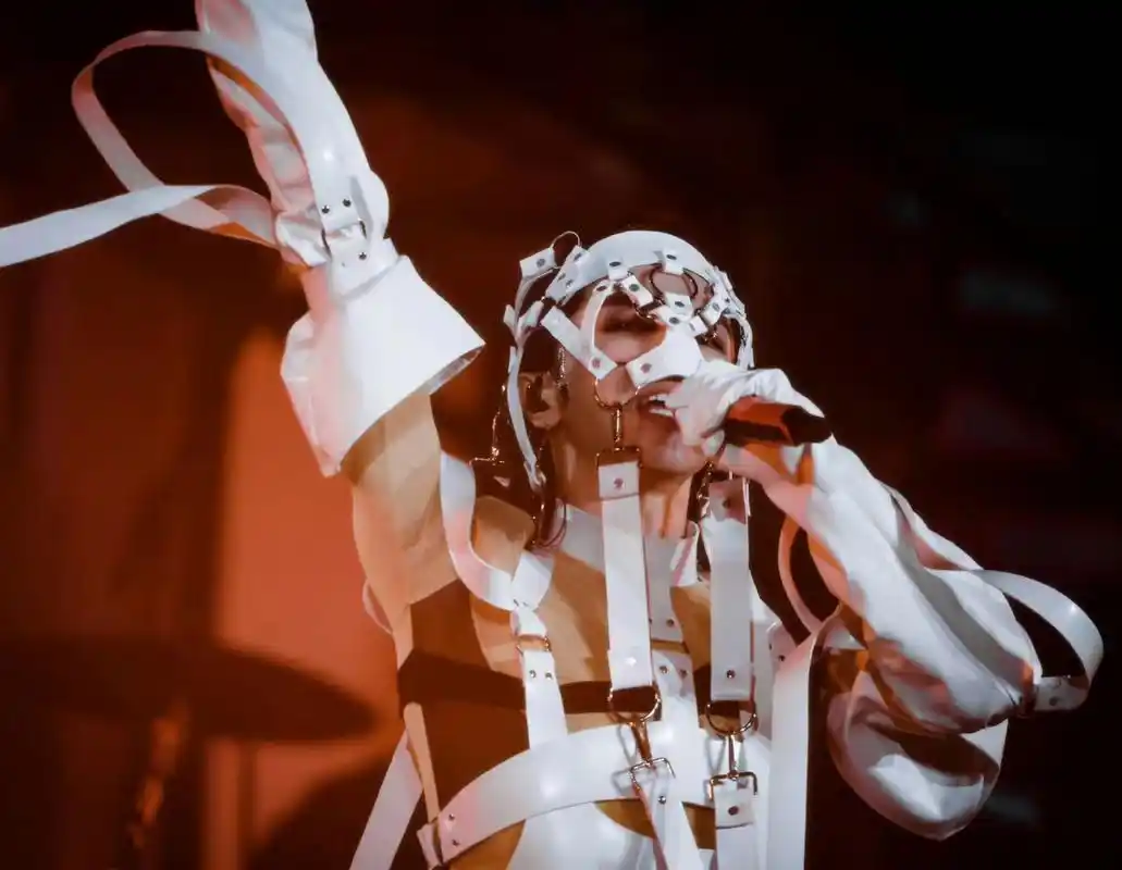 华晨宇将几条白带子直接绑到了头上,做成了"帽子和面具",在演唱歌曲时