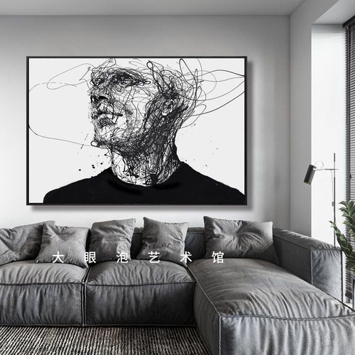 黑白艺术挂画客厅玄关大幅墙画抽象素描线条人物壁画工业风玄关