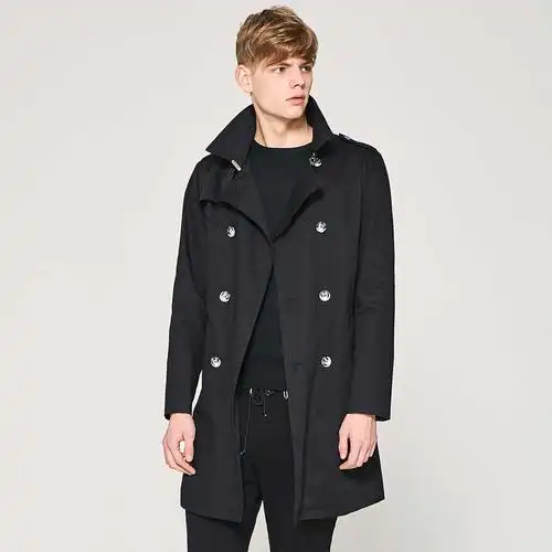 简约气质双排扣系带中长款男士风衣外套