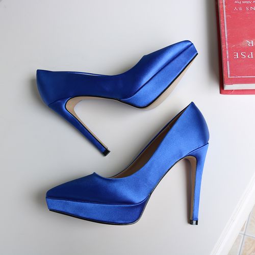 宝蓝尖头高大恨天高跟鞋超高时尚布面蓝色绸缎单鞋