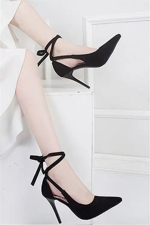 尖头单鞋女细跟系带后空学生百搭单鞋韩版仙女风高跟鞋尖头潮