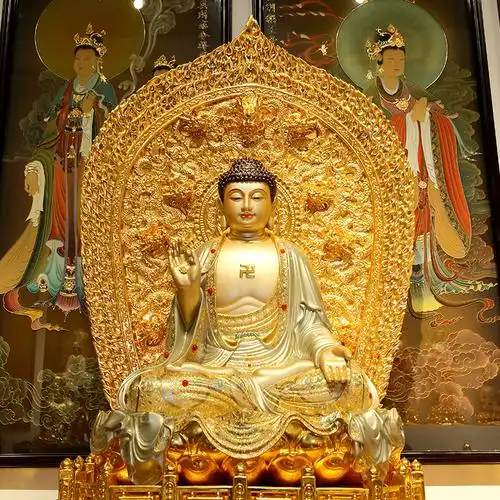 释迦摩尼佛像铜像纯铜贴金佛如来华严三三圣摆件