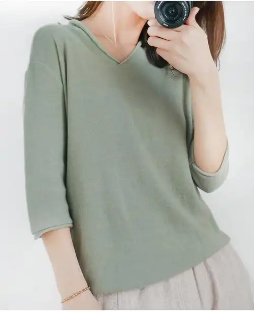 麻布衣20夏装薄款短袖棉麻针织衫女半袖毛衣宽松打底衫五分袖中袖体