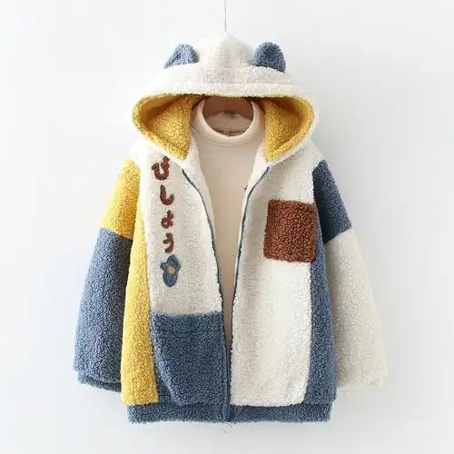 日系软妹可爱刺绣拼接撞色夹棉加厚宽松连帽羊羔毛外套棉衣棉服女