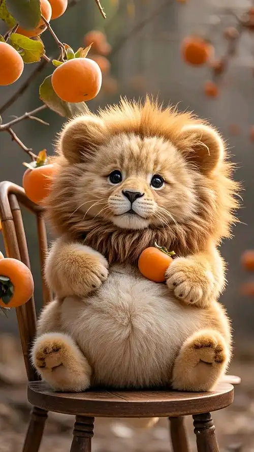 小狮子抱着小柿子,好可爱好想摸一摸