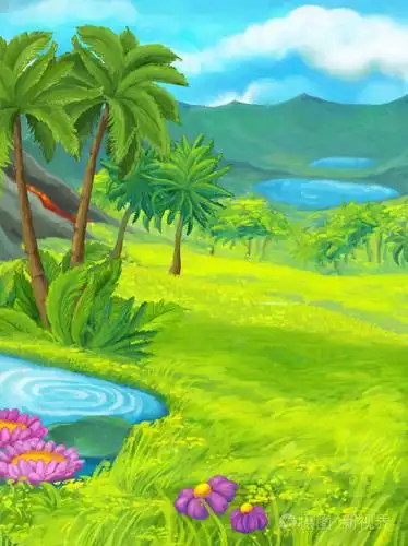 卡通自然风景与池塘附近丛林-儿童插画