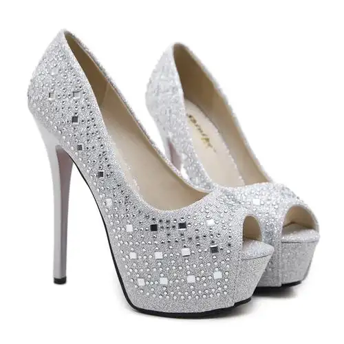 鱼嘴鞋女2019新款超高跟银色水钻防水台细跟性感单鞋百搭露趾33码