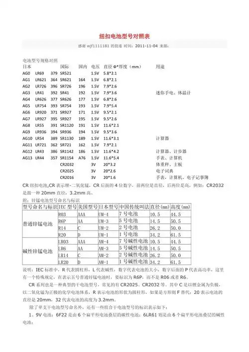 纽扣电池型号对照表
