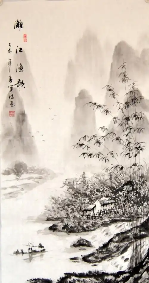 国画水墨山水画三尺竖幅桂林画心心纯手绘原稿国画