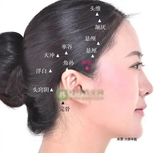 曲鬓穴位于头颞部,当耳前鬓角发际后缘的垂线与耳尖水平线之交点处;或